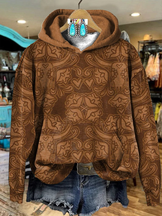 Brown Vintage Bull Head Ethnic Flowers Print Casual Hoodie Sweatshirt