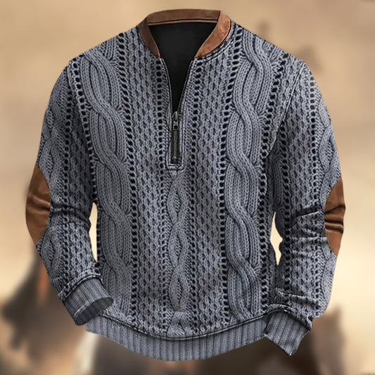 Men's Vintage Western Knit Print Zipper Stand Collar Casual Sweatshirt