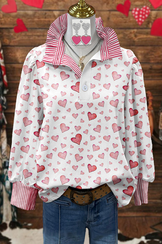 Sweet Heart Stripe Print Stand Collar Blouse