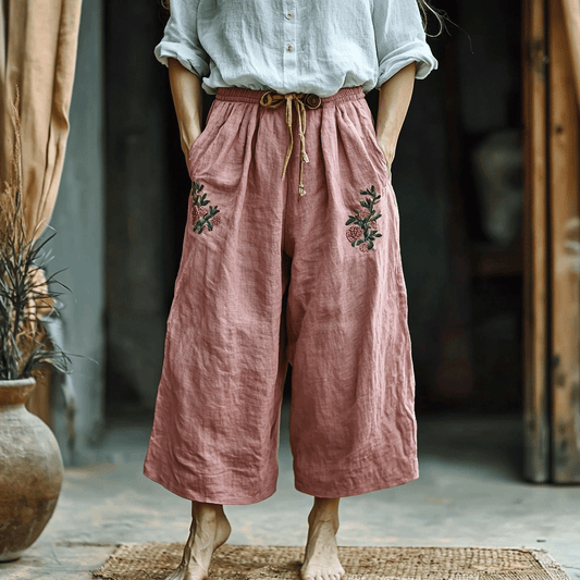 Women's Linen Bohemian Breathable Wide-leg Casual Cropped Pants