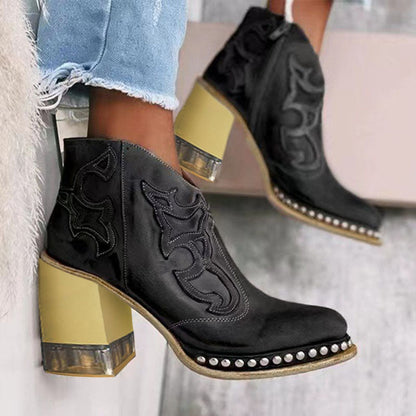 Embroidered Thick Heel Sewing Rivets Ankle Boots