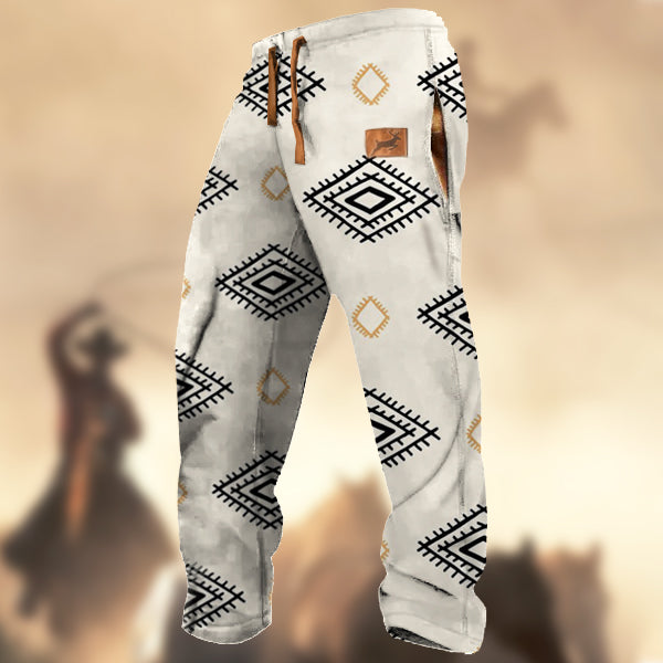 Men's Retro Rhombus Geometry Print Elk Logo Sports Casual Sweatpants