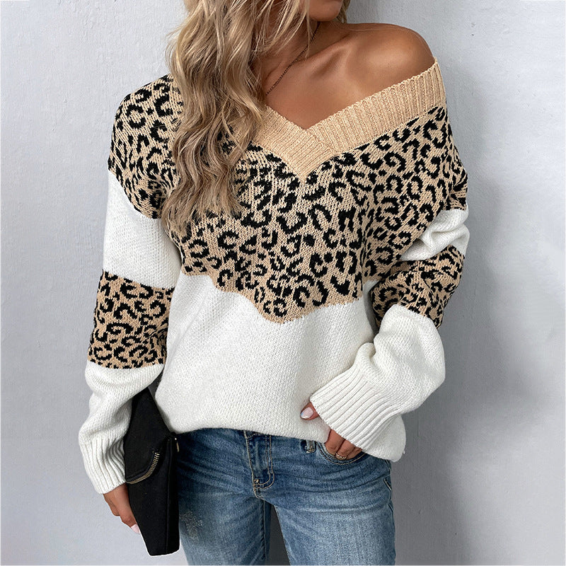 Women's V-neck Pullover Contrasting Leopard Print Sweater