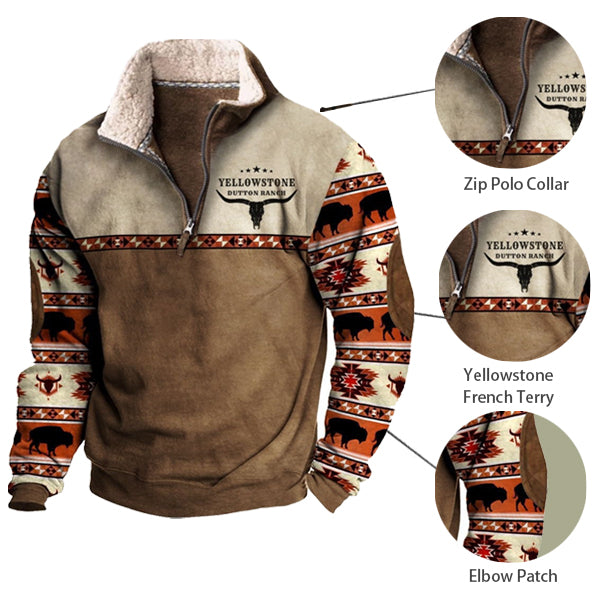 Men's Vintage Yellowstone Fleece Sweatshirt  Elbow Patch Western Zipper Fur Collar Casual Top