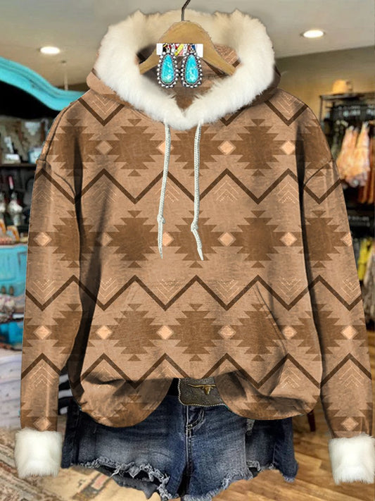 Light Brown Vintage Aztec Print Imitation Rabbit Fur Trim Casual Hoodie Sweatshirt