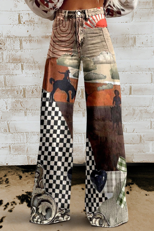 Women's Retro Cowboy Print  Wide Leg Pants