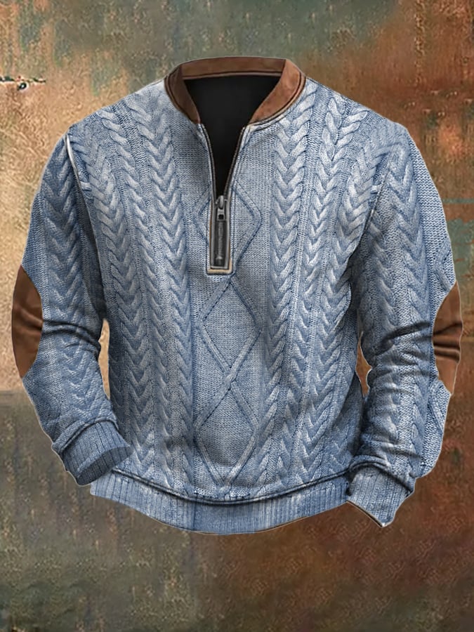 Men's Vintage Knit Print Zip-Up Sweatshirt