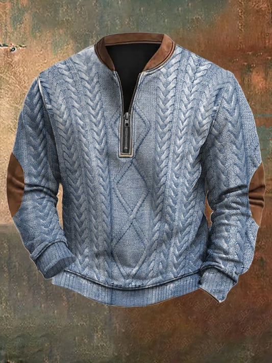 Men's Vintage Knit Print Zip-Up Sweatshirt