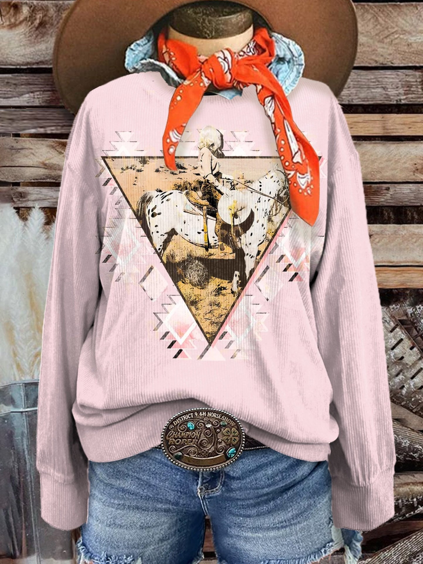 Women's Retro Pink Aztec Horse Riding Woman Print Casual Corduroy Sweatshirt