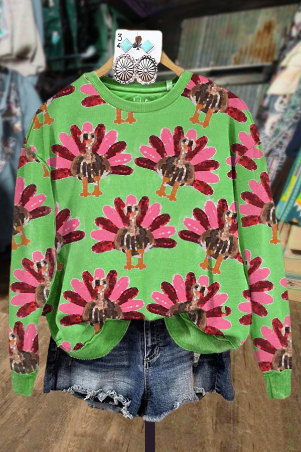 Casual Turkey Print Round Neck Long Sleeve Sweatshirt