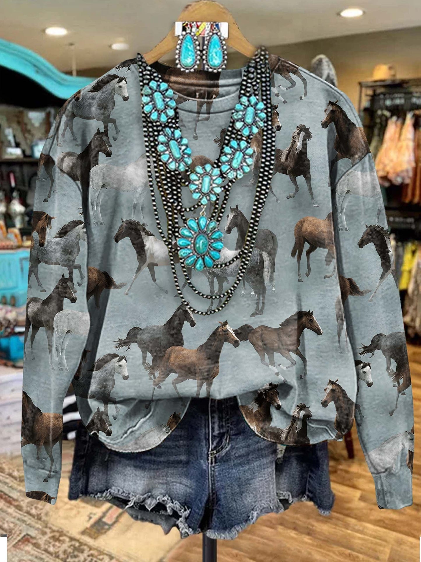 Turquoise Horse Print Casual Sweatshirt