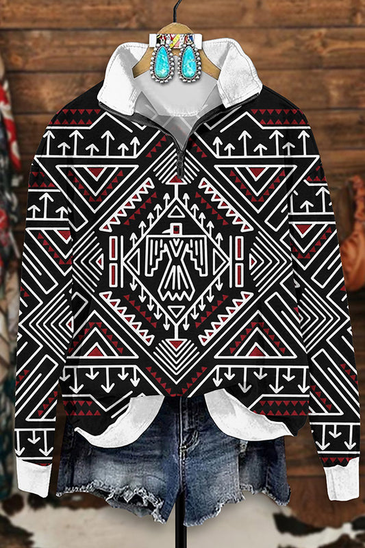 Retro Western Aztec Print Zip-Up Sweatshirt