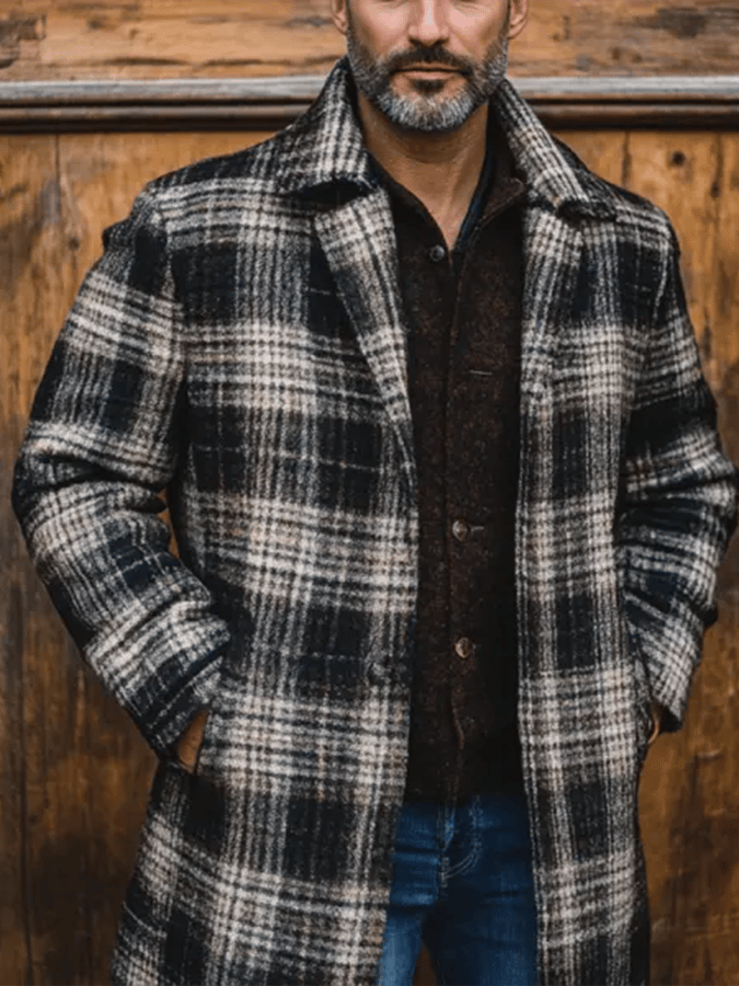 Men's Vintage Outdoor Plaid Dark Khaki Woolen Coat