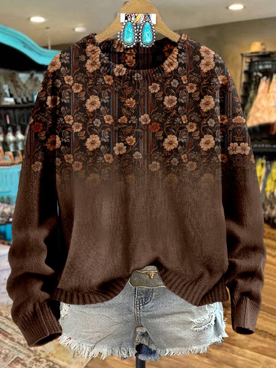 Brown Flower Print Knit Pullover Sweater