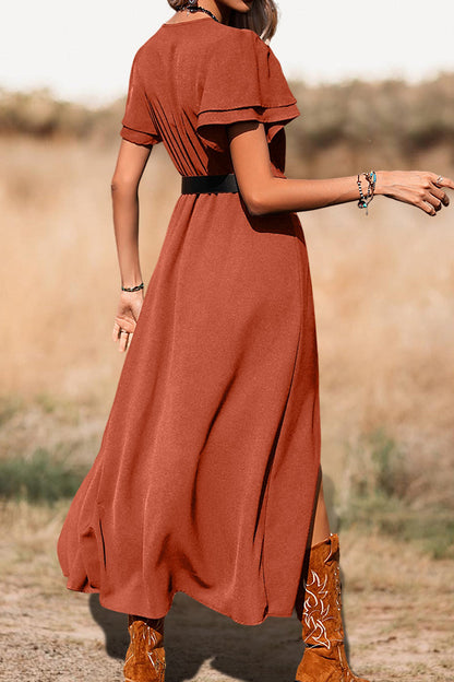 Slit V-Neck Dress With Ruffled Sleeves