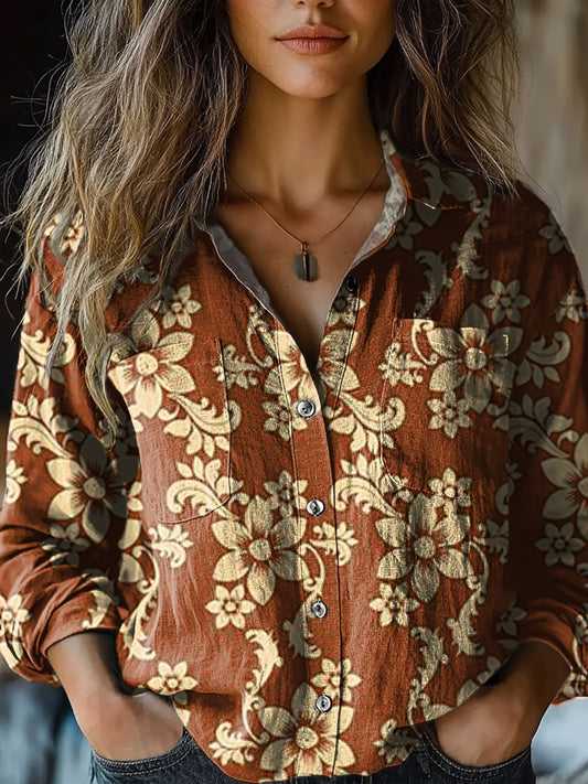 Women's Brown Retro Floral Print Casual Long Sleeve Comfortable Cotton Shirt