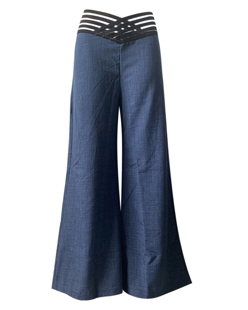 Cut-Out Belt High-Waisted Casual Wide-Leg Pants