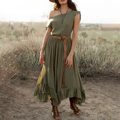 Ladies Vintage Western Style Cotton And Linen Olive Rustic Boho Dress