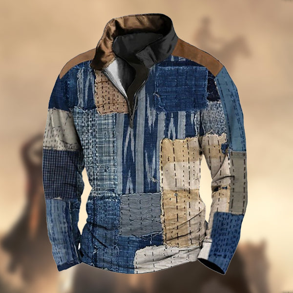 Men's Vintage Patchwork Print Zip-Up Stand Collar Sweatshirt