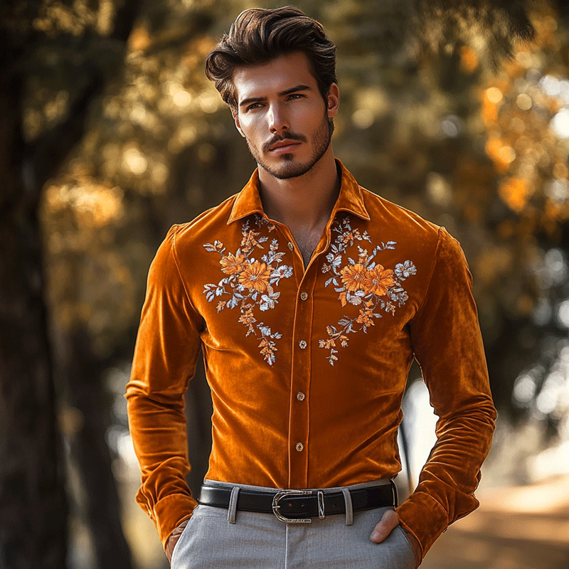 Men's Gentleman Embroidery Regular Fit Crushed Flower Orange Velvet Shirt