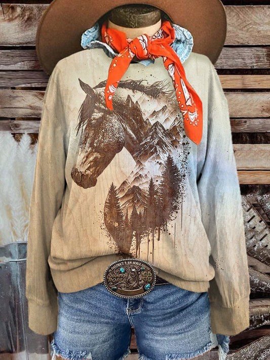 Women's West Horse Casual Print Corduroy Sweatshirt