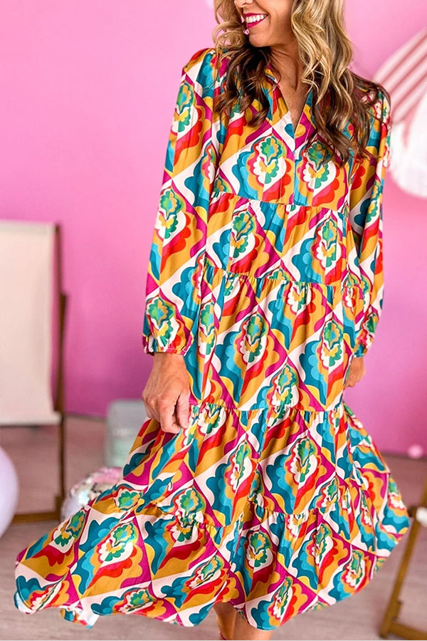 Multicolor Abstract Geometric Print Notch Neck Tiered Boho Dress