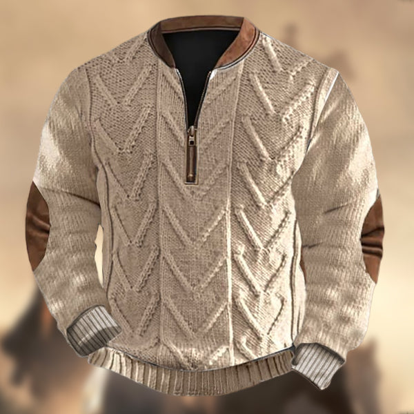 Men's Vintage Western Knit Print Zipper Stand Collar Casual Sweatshirt