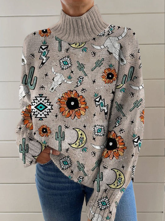 Aztec Beaded Sheep Skull Cactus Printing Knit Turtleneck Pullover Sweater