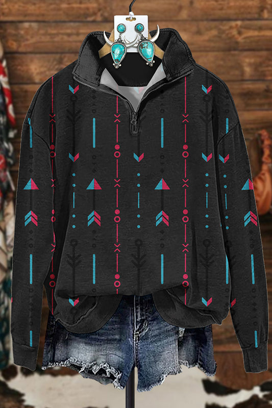 Western Contrast Arrow Zipper Sweatshirt