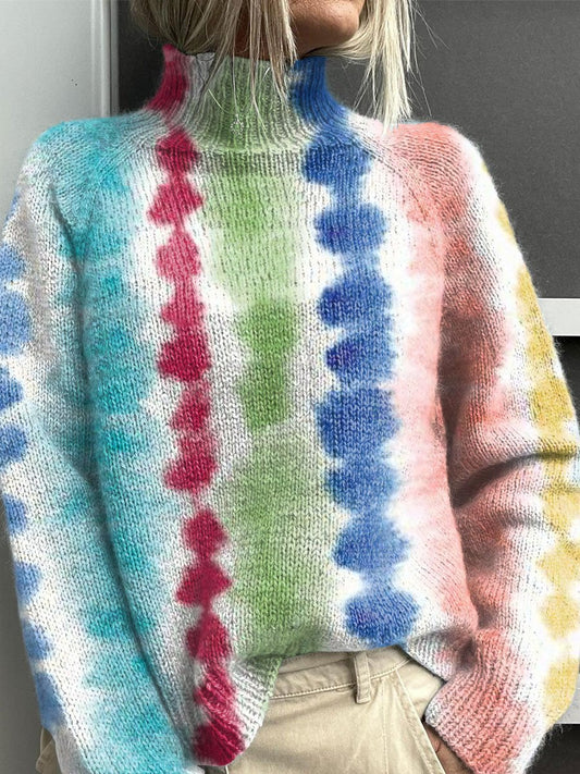 Colorful Stripes Art Print Knit Turtleneck Pullover Sweater