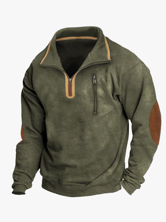 Men's Vintage Distressed Contrast Zip-Up Sweatshirt