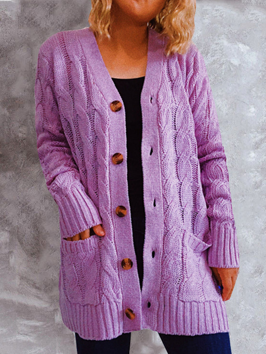 Casual Solid Color Pocket Long-Sleeved Sweater Cardigan