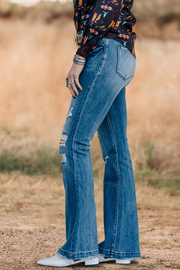 Vintage Washed Ripped Flared Jeans