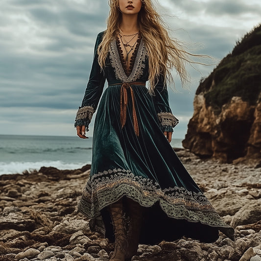 Breezy Bohemian Beach Vacation Autumn And Winter Velvet Ethnic Style Fluttering Dress