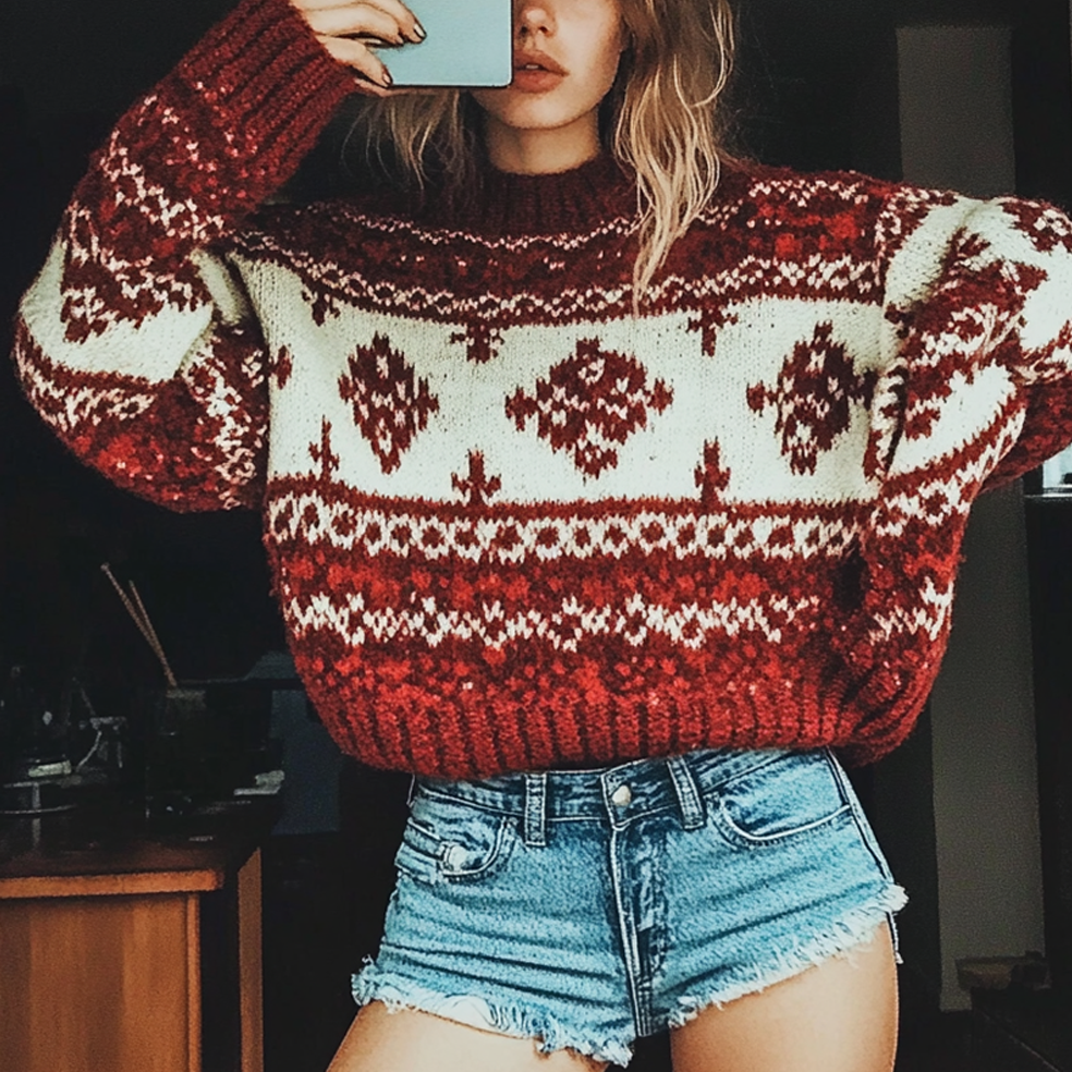 Women's Vintage Red Ethnic Style Christmas Print Round Neck Oversized Sweatshirt