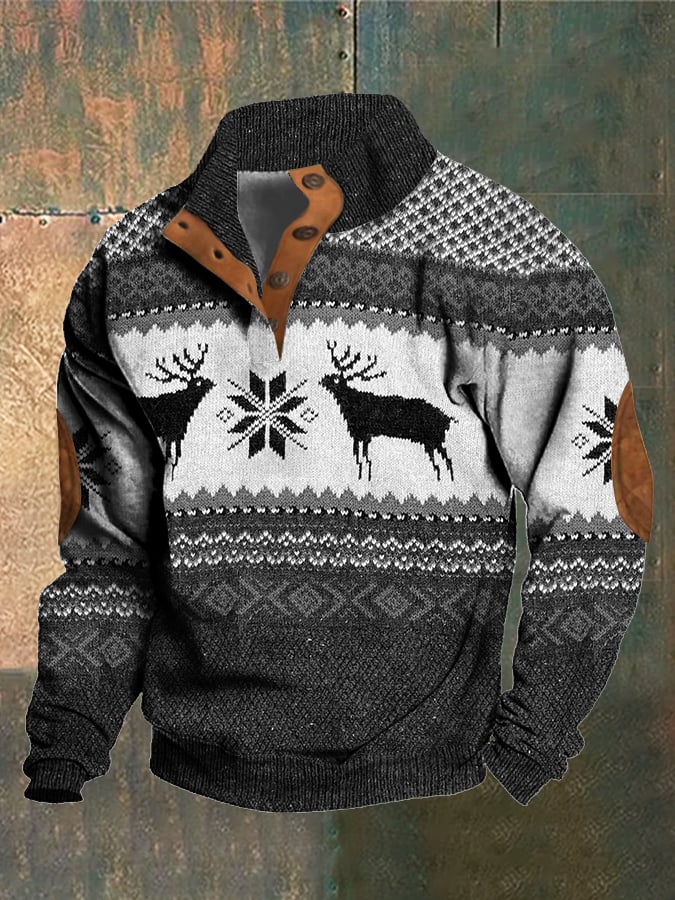 Men's Retro Western Knitted Print Stand Collar Sweatshirt