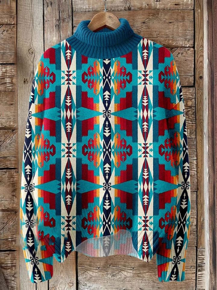 Blue Aztecs Print Knit Turtleneck Pullover Sweater