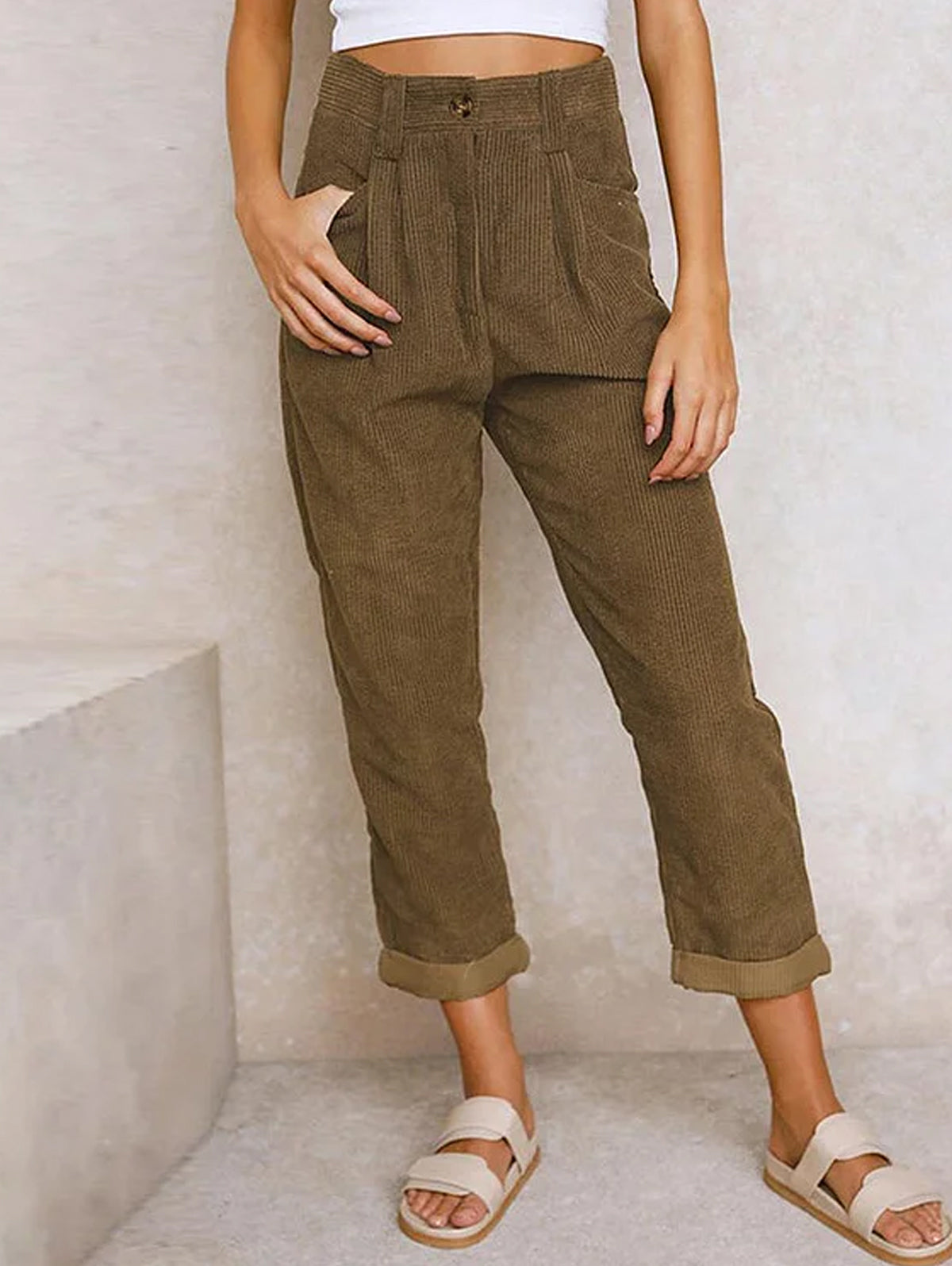 Casual Solid High Waist Pocket Straight Leg Corduroy Pant