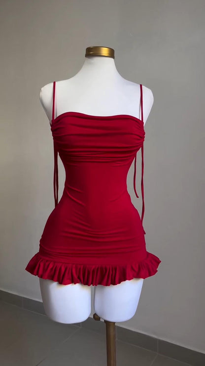 Red Ruffled Slit Satin Mini Dress