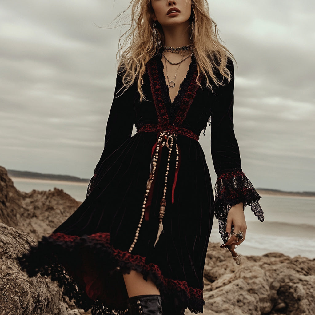 Breezy Bohemian Beach Vacation Autumn And Winter Velvet Ethnic Style Fluttering Dress