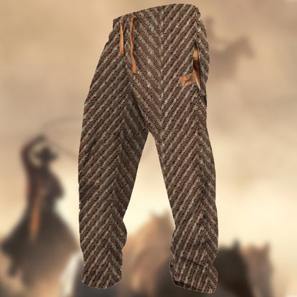 Men's Red Brown Retro Country Elk Herringbone Casual Sweatpants