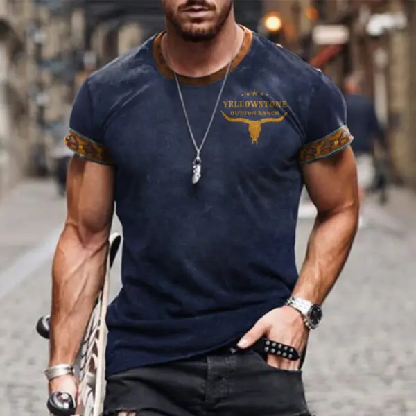 Men's Retro Western Ethnic Yellowstone Printed Pattern Short Sleeve Round Neck T-shirt