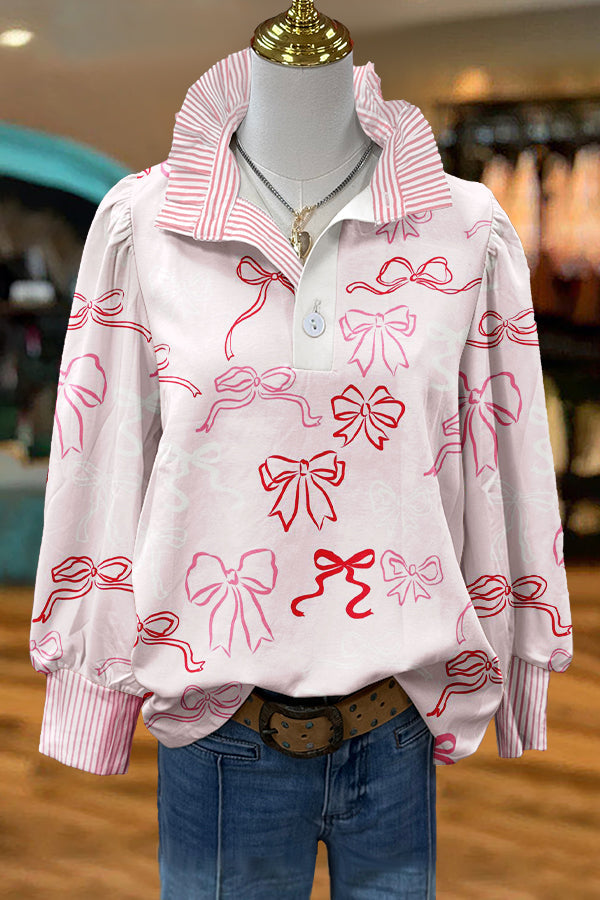 Sweet Bow Valentine's Day Print Puff Sleeve Blouse