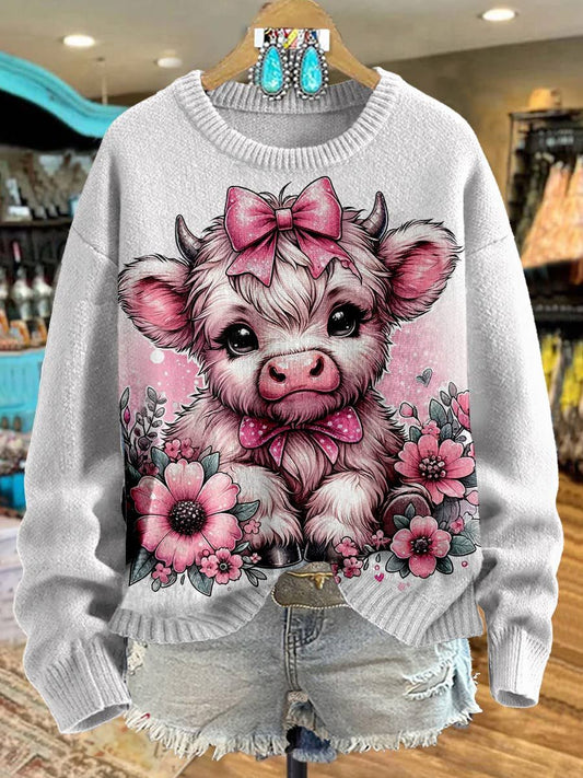 Cute Highland Cow Print Knit Pullover Sweater