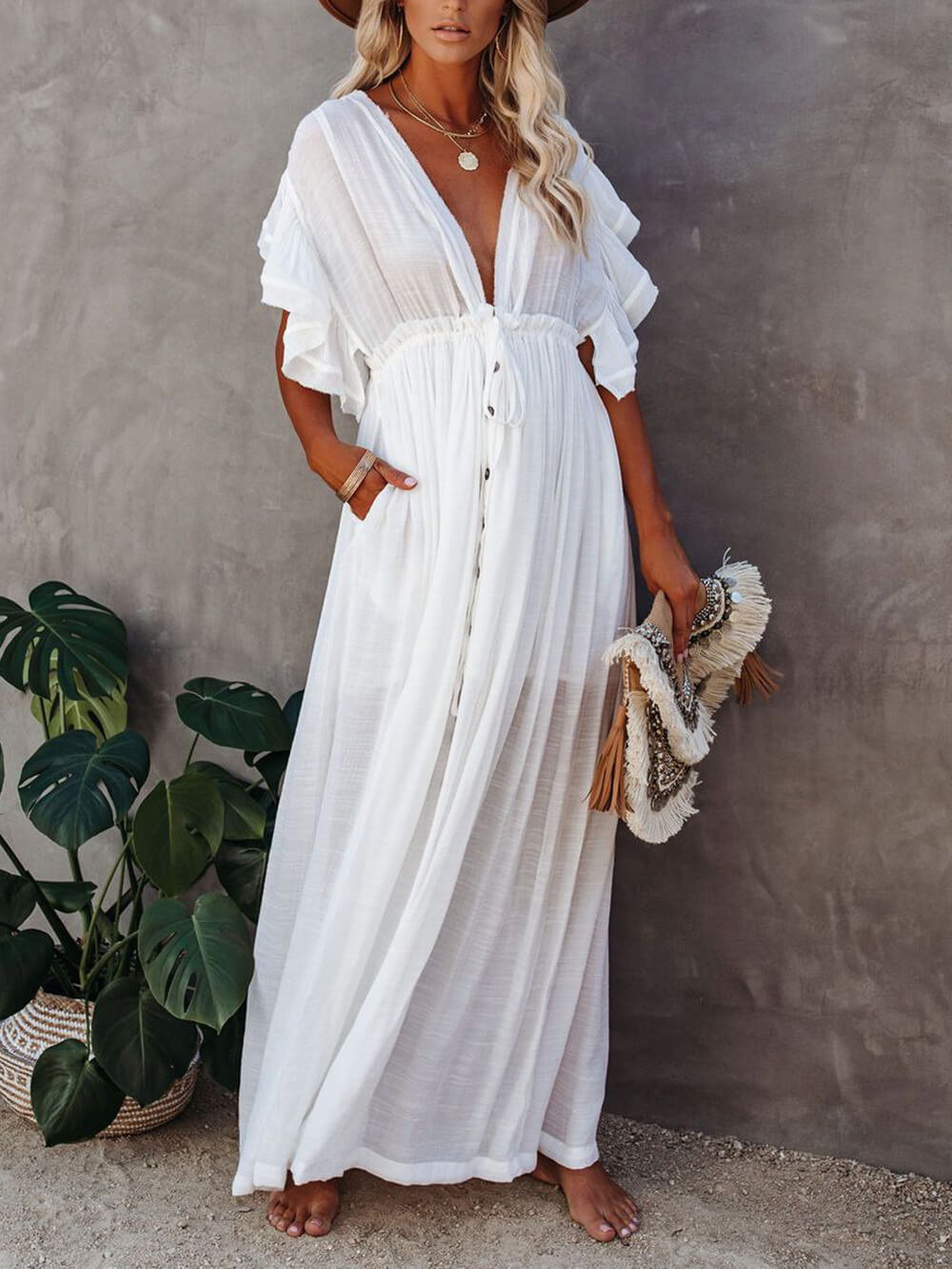 Button Cotton Linen Perfect Beach Boho Maxi Dress