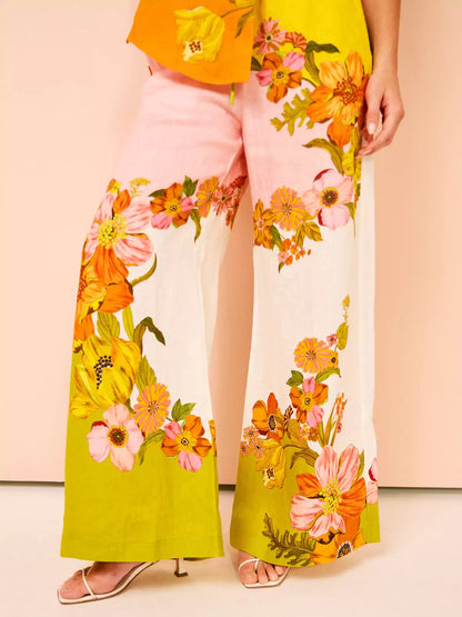 Unique Print Elastic Waist Pocketed Wide Leg Pants-Set