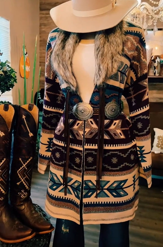 Western Denim Aztec Long Sleeve Coat