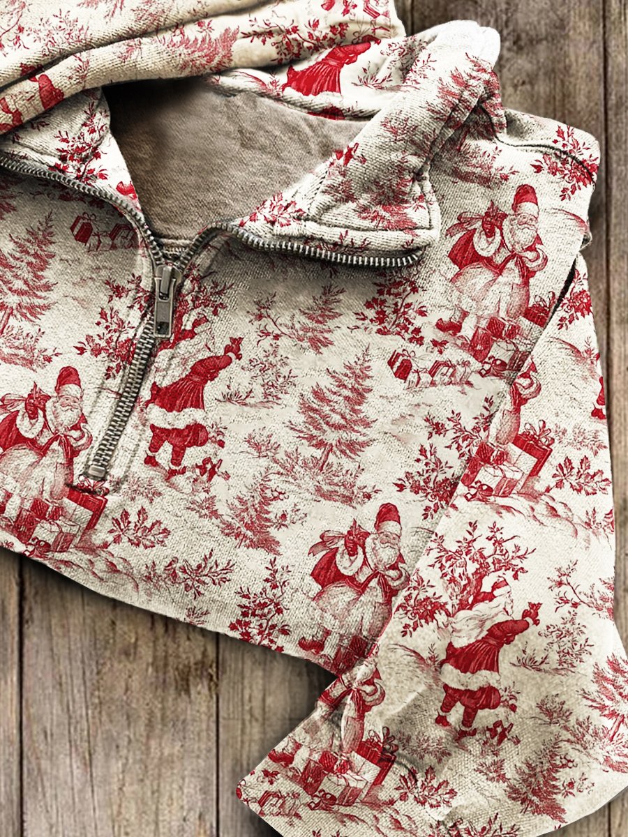 Christmas Print Casual Long Sleeve Zip Sweatshirt