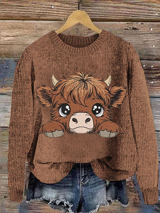 Cute Highland Cow Print Knit Pullover Sweater