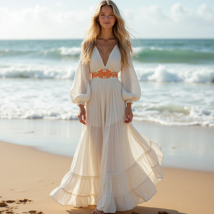 Women's Casual Beach Holiday Chiffon New Long-sleeved Dress